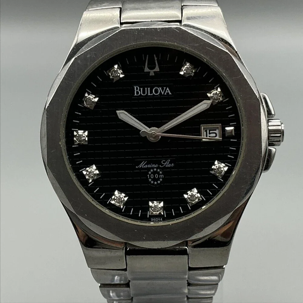 Bulova Marine Star Mens Watch 40mm Black Dial Date Diamond New Battery 7